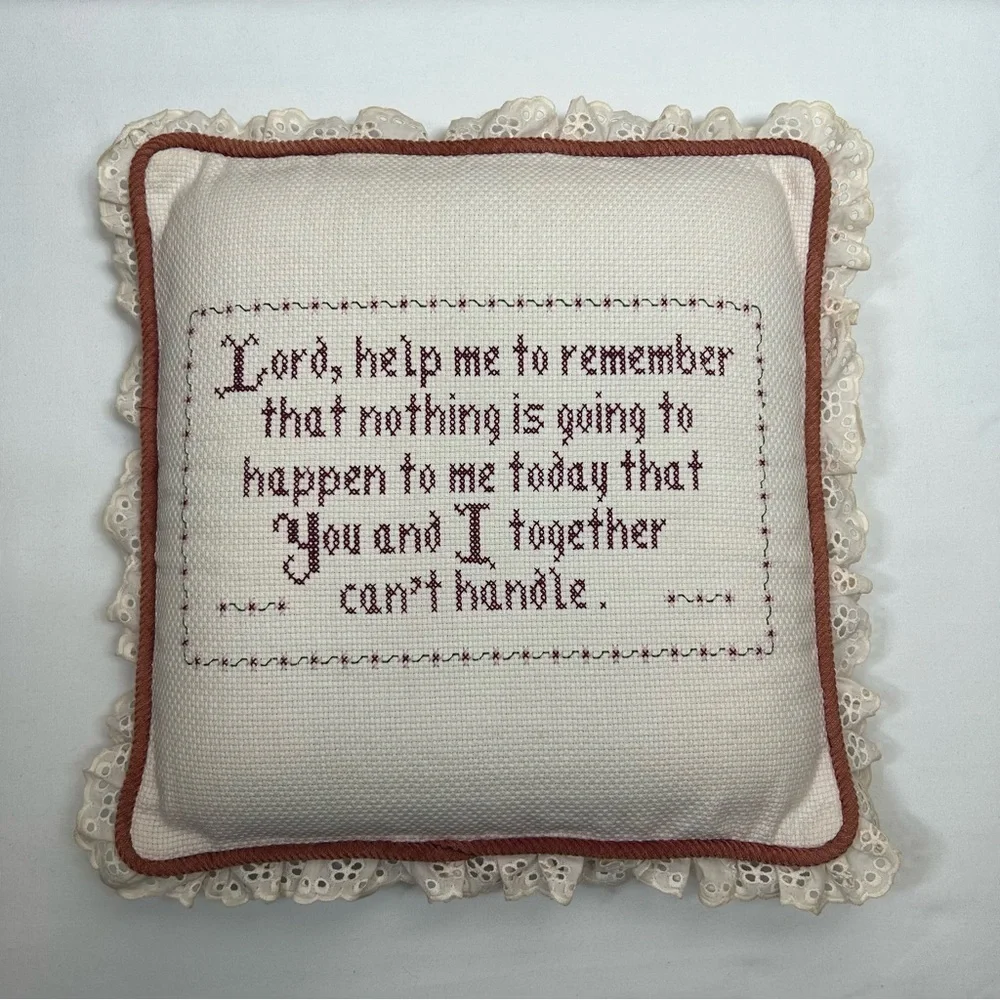 Vintage Cross Stitch Ivory Burgundy Decorative Pillow With a Prayer “Lord…